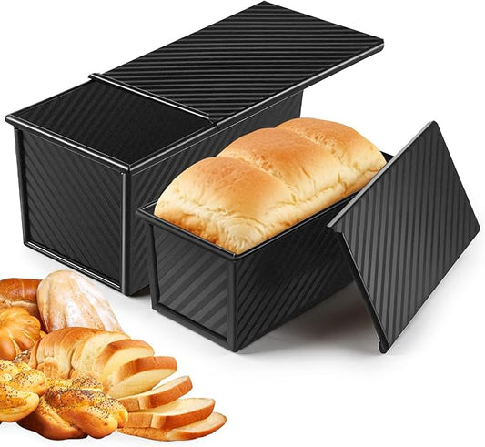 Lyksgir 2 Pack Black Pullman Loaf Pan with Lid, Non-Stick Bread Loaf Pan, 2.2lb & 1lb Carbon Steel Corrugated Toast Tin, Carbon Steel Toast Box with Cover for Homemade Bread Sandwich and Sourdough