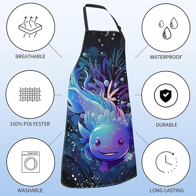 Cute Axolotl Apron for Women,28x33in,Fun Aquatic Underwater Kitchen Aprons with 2 Pockets,Oxford Fabric,Playful Adjustable Apron for Cooking Baking Gardening Chef,Gifts for Mom Wife