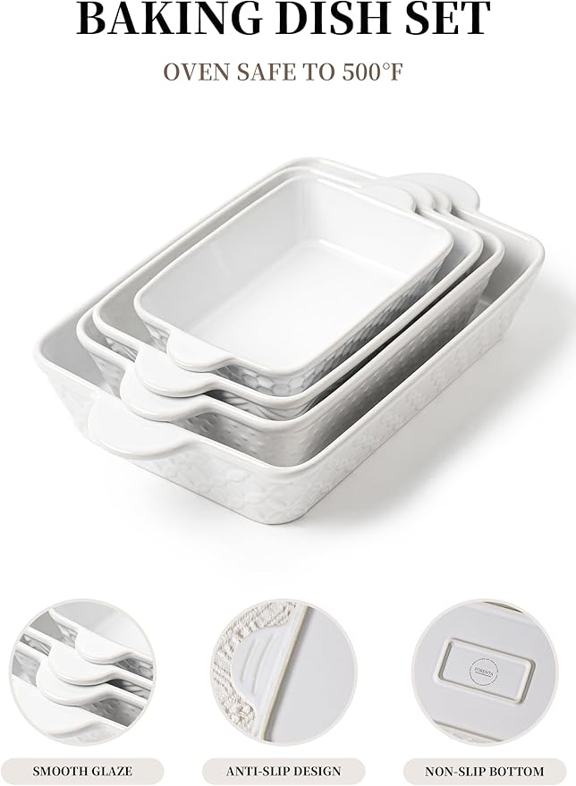 Casserole Dishes for Oven - Ceramic Bakeware Sets of 4, Rectangular Baking Deep Dishes with Handles, Lasagna Pans for Kitchen Cooking & Wedding Gift, Embossed