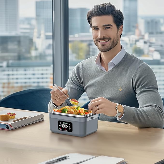 Cordless Electric Heated Lunch Box for Adults Men Women, Rechargeable Self Heating Battery Powered Food Warmer with 1L Container Fork Spoon and Insulated Carry Bag for Car Truck Travel Office(Grey)