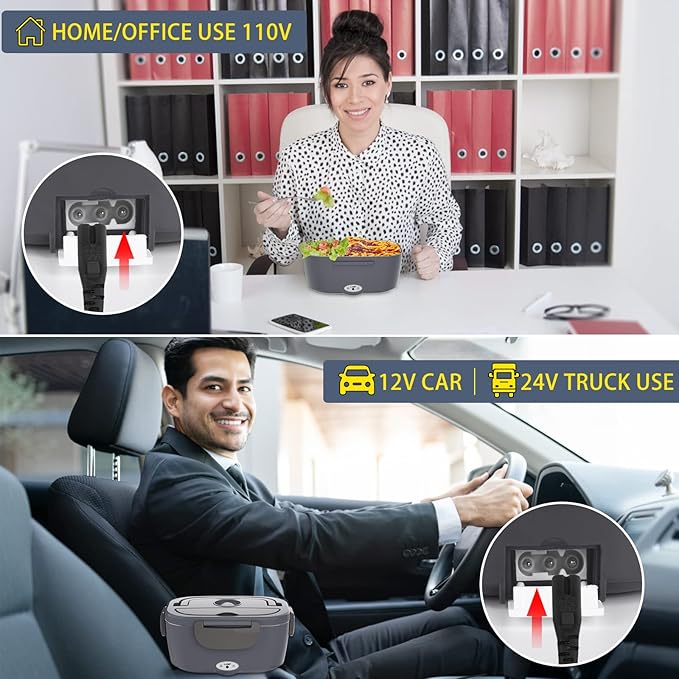 Electric Lunch Box Food Heater for Adults 80W Portable Food Warmer for Car/Home 1.5L Heated Lunch Box for Adults, 12V/24V/110V Loncheras para Hombres de Trabajo lonchera eléctrica portátil