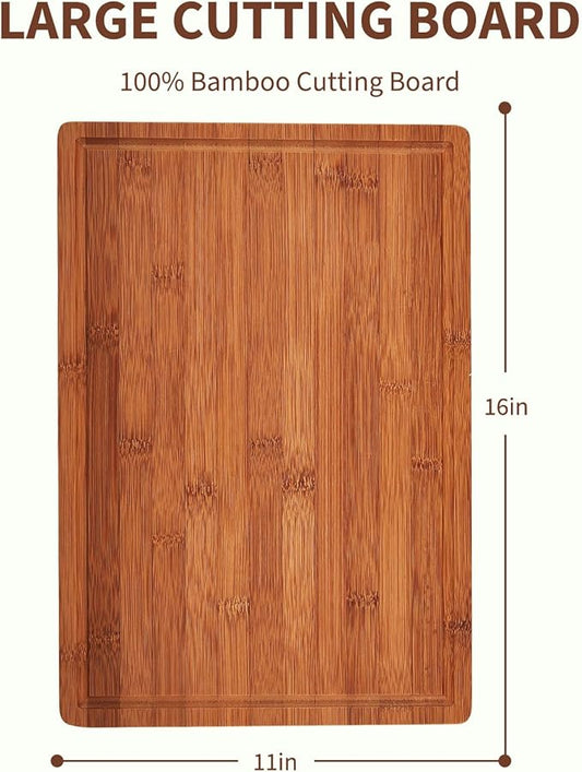 Bamboo Cutting Board for Kitchen, 16x11 in, 1-in Thick Wood Chopping Board with Deep Juice Groove for Meat Fruit Vegetable, Knives-Friendly & Easy to Clean, Natural