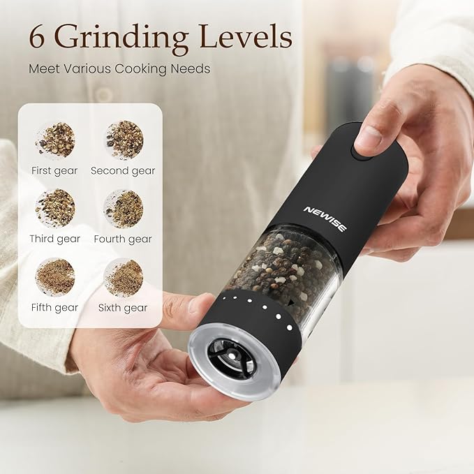 Electric Salt & Pepper Grinder Set, Rechargeable with LED Light & External Coarseness Adjustment, One-Hand Operation, Valentines Day Kitchen Gifts for Him Home Cooks & Families - Black