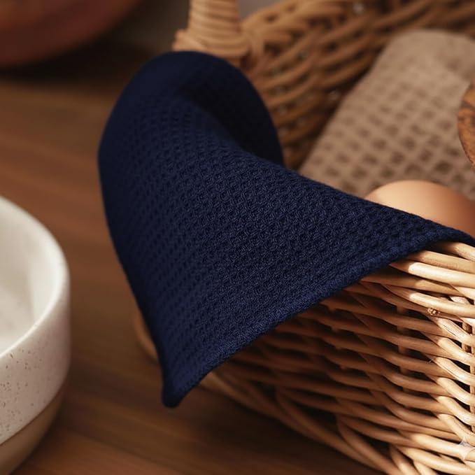 PurpleEssences Dish Cloths and Dish Rags - 8 Pack Waffle Weave Solid Kitchen Dish Wash Cloths, 100% Cotton, 12 x 12 Inches, Ultra Soft Absorbent Quick Drying - Christmas Holiday Winter - Navy Blue