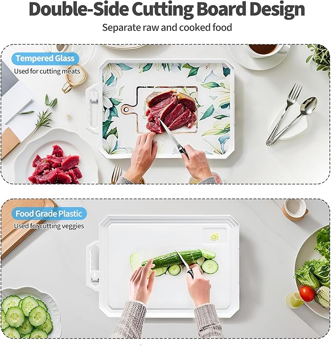 Ourokhome Cutting Board for Kitchen, Tempered Glass Cutting Board Double Sided Food Grade for Chopping Meat, Vegetables, Fruits, Cheese, Knife Friendly with Handles and Knife Sharpener, White
