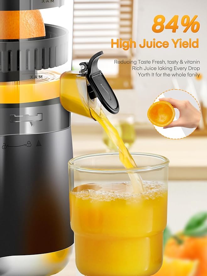 FOHERE Citrus Juicer Electric, Hand-Free Orange Juicer Machine with 2 Interchangeable Cones, Automatic Juice Squeezer for Orange, Lemon, Grape, Pomegranate, Cleaning Brush Included