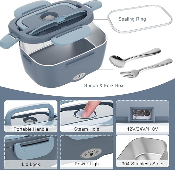 Electric Lunch Box Food Heater - 3 in 1 Portable Leakproof Heated Lunch Box for Car/Home/Adults with 1.5L Removable 304 Stainless Steel Container, 60-80W, 12V/24V/110V (Blue)