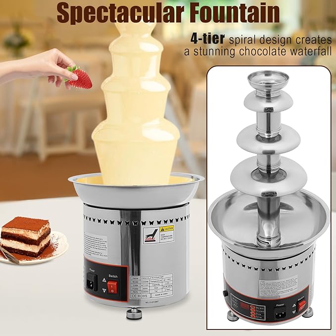 6.61 lbs Chocolate Fountain Machine, 4-Tier Chocolate Fondue Party Fountain, 86-302℉, Digital Chocolate Fountain Machinefor Party Wedding & Events,