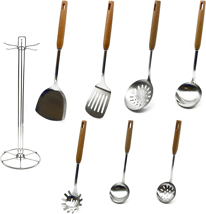 Cooking Utensils Set, 8-Piece 304 Stainless Steel Kitchen Tool Sets with Holder, Wooden Handle Heat Resistant Kitchen Cookware Set, Gadgets Tools Set Gift