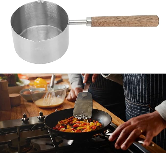 Alomejor Small Sauce Pan, 304 Stainless Steel Butter Warmer with Walnut Handle, 200ml Flat Bottom Pot for Melting Butter and Camping Cooking