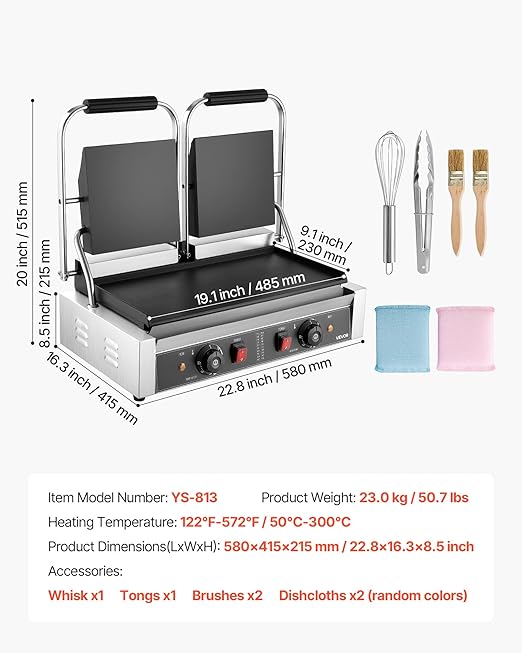 VEVOR Commercial Panini Grill, 3600W Electric Sandwich Panini Maker, Stainless Steel Double Sandwichs Press with Handle and Temp Control, 19x9 in Full Flat Enamel Plate, for Hamburger Steak Bacon