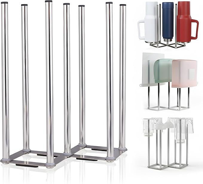Water Bottle Drying Rack, Cup Drying Rack for Counter, Stainless Steel Tumbler Dryer Stand, Space-Saving Mug & Glass Drying Rack, Heavy-Duty Holder for Cups & Water Bottles (Silver – 7 Pegs)