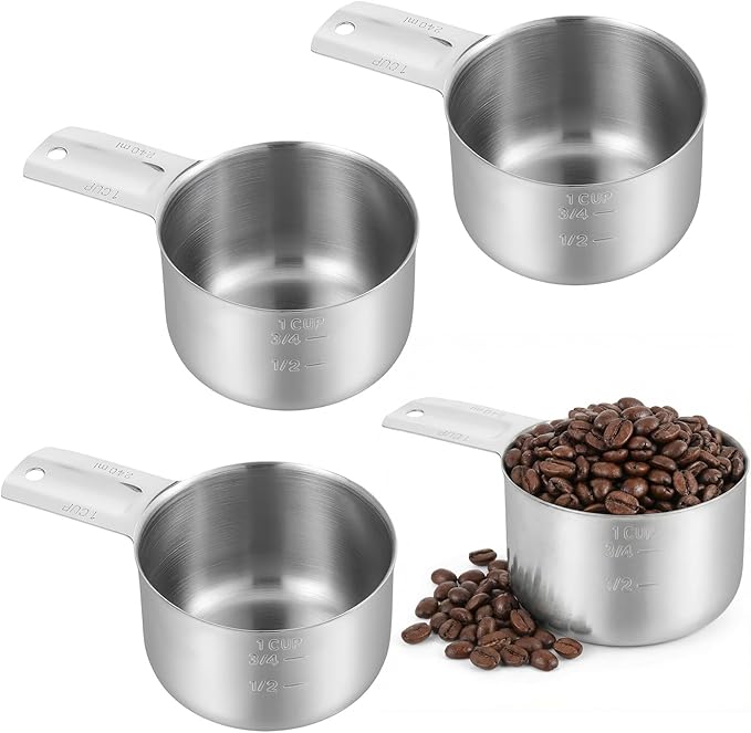 4 Pack 1 Cup Stainless Steel Measuring Cup Metal Measuring Cups with Handle Kitchen Cooking Gadgets Rice Measuring Cup for Wet and Dry Ingredients (240 ml | 240 cc | 8 oz)