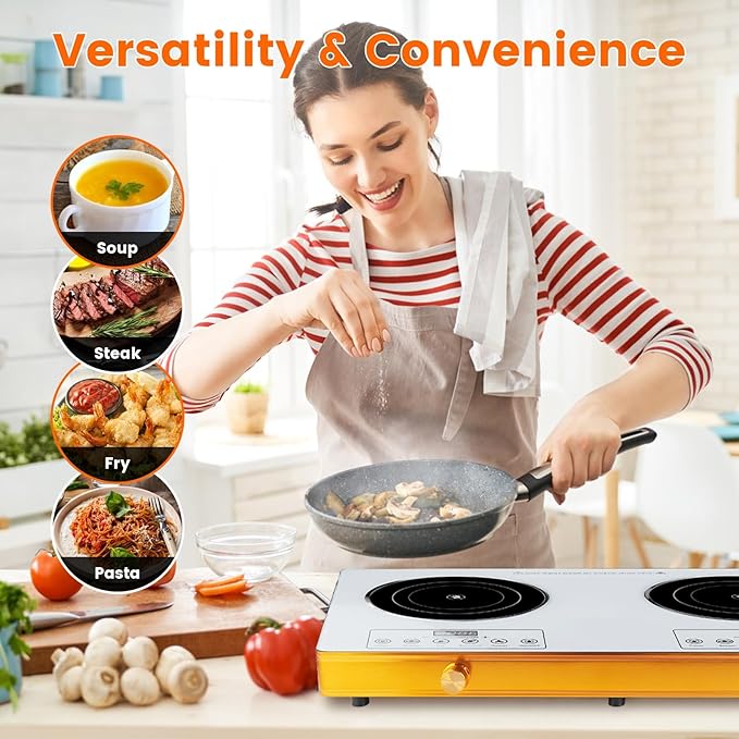 7000W Double Ceramic Electric Hot Plate Countertop Stove Double Burner Infrared Cooktop with 11 Power Levels 0-4H Timer Portable Handle LED Display for Kitchen Camping (White)