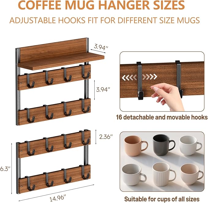 2-in-1 Coffee Mug Holder Wall Mount, 4-Tier Coffee Mug Rack Wall Mounted with 16 Adjustable Hooks and Storage Shelf, Wooden Cup Hanger Organizer for Home Kitchen Display and Collection