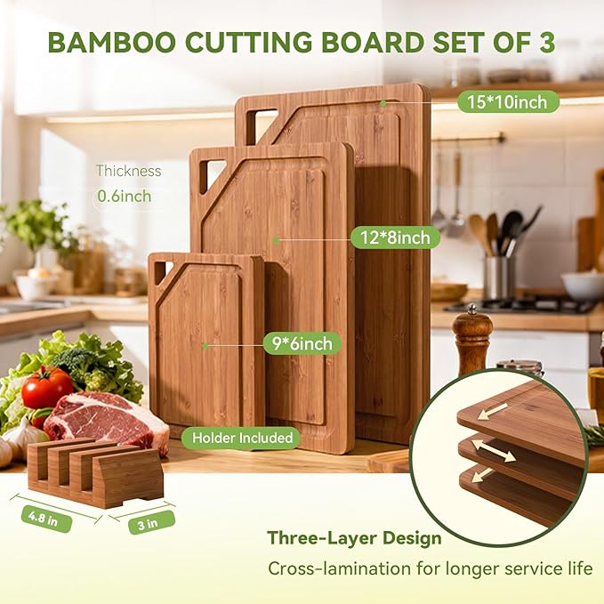 Bamboo Cutting Boards for Kitchen, Wood Cutting Boards with Deep Juice Grooves, 3-Pack Bamboo Cutting Board Set with Holder, Chopping Board & Charcuterie Board for Meal Prep & Serving