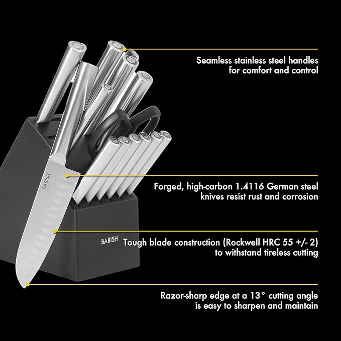 Babish High-Carbon 1.4116 German Steel 15 Piece Full Tang Forged Cutlery Kitchen Knife Block Set - Stainless Steel