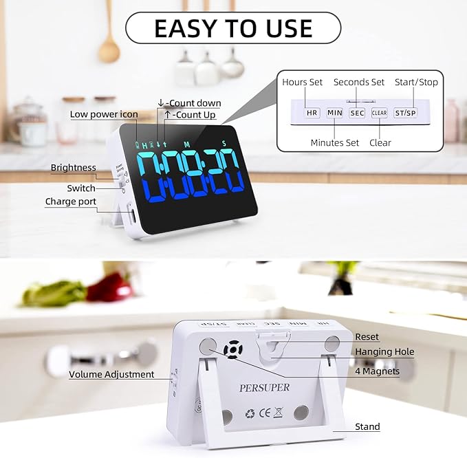 Kitchen Digital Timer, Count Down Up, Rechargeable, Vibration Mode Adjustable Volume and Brightness LED Display, Time Management Cook, Desk, Kids Adults Study Teaching, Kitchen Gadgets Blue