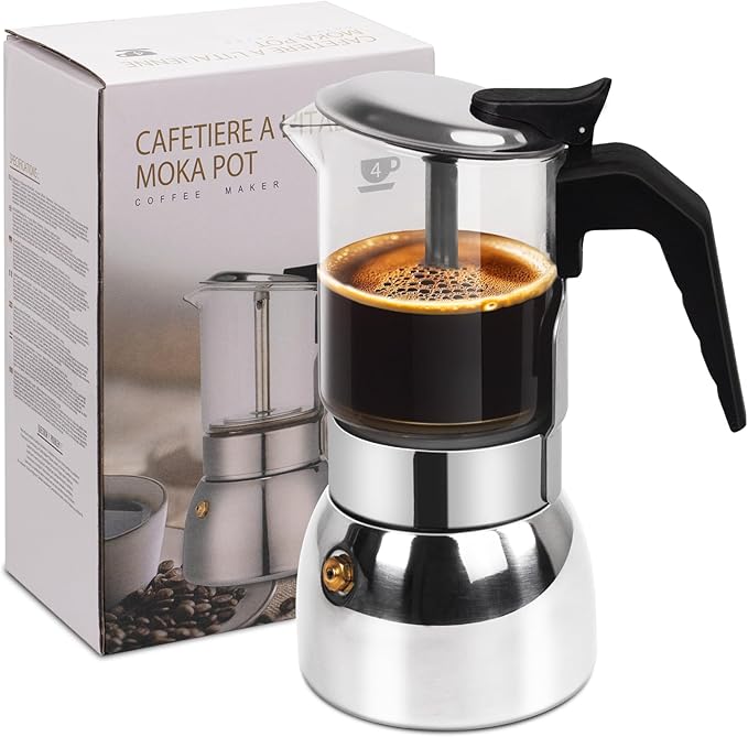 Vaolvpant 4 Cup Glass Clear Moka Pot Thickened 304 Stainless Steel Stovetop Espresso Maker Italian Coffee Machine 200ml 6.8oz Classic Mocha Cafe Greca Coffee Suitable for Gas Induction