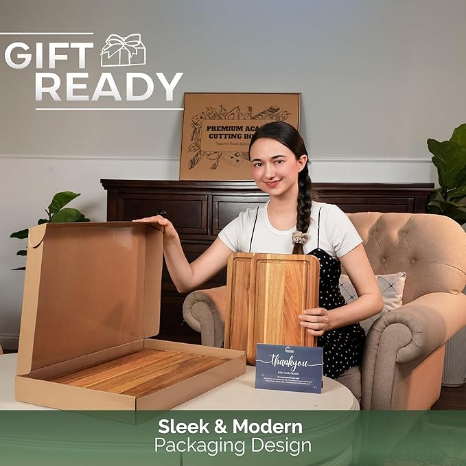 Howizz Acacia Wood Cutting Board, Set Of 3 Edge Grain Solid Wood Butcher Block For Kitchen Meal Prep & Serving, Chopping Boards Deep Juice Groove & Built-In Handles, Gift for Home, Gift-Ready Box