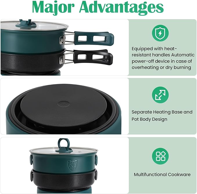 Portable Electric Hot Pot,500W Mini Electric Cooker w/Foldable Handles & Steamer,Non-stick Frying Pan,Multi-Functional Ramen Noodle Cooker Power Adjustment for Steaks,Soup,Pasta (Green)