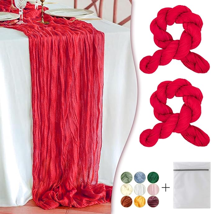 Red Cheesecloth Table Runner 2 Pack 35" Boho Gauze Table Runner 120 inches Long Runner Rustic Sheer Fabric Bulk for Baby Shower Wedding Bridal Birthday Party Table Decorations