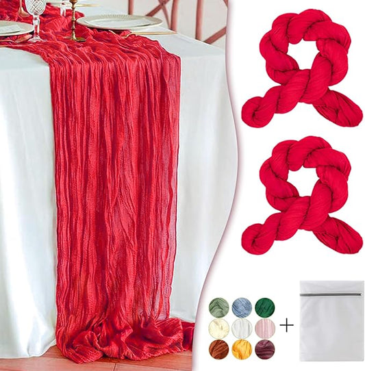 Red Cheesecloth Table Runner 2 Pack 35" Boho Gauze Table Runner 120 inches Long Runner Rustic Sheer Fabric Bulk for Baby Shower Wedding Bridal Birthday Party Table Decorations