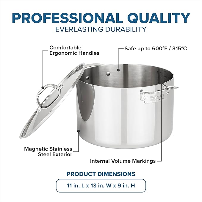 Viking 3-Ply Stainless Steel Stock Pot, 12 Quart Soup Cooking Pot with Lid, Kitchen Cookware, Dishwasher and Oven Safe, Induction Ready, Silver