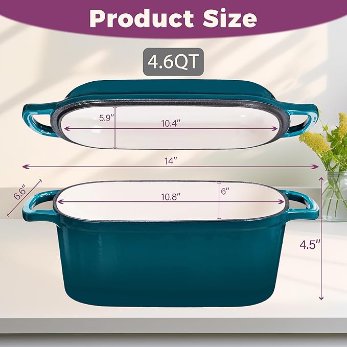 Vanderlume 4.6-Quart Oval Bread Dutch Oven, Enameled Cast Iron Bread Oven for Sourdough, Sourdough Bread Pan for Baking Artisan Loaves with Crispy Crust, Teal