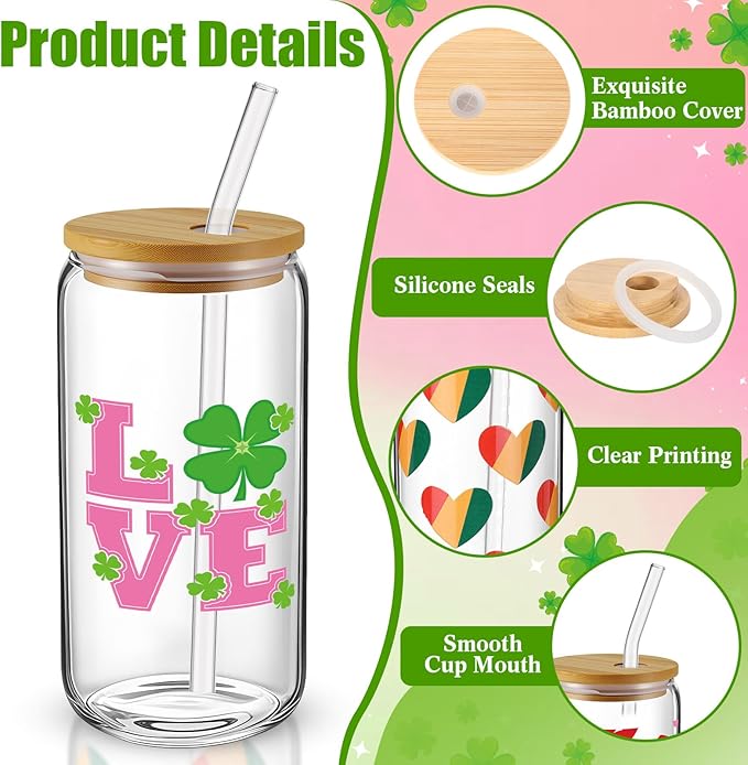 6 Pcs St Patrick's Day Glass Cups Shamrock Tumbler with Lids and Straws 16 oz Irish Lucky Clover Reusable Can Shaped Drinking Glasses Bulk for St Patrick's Day Party Supplies