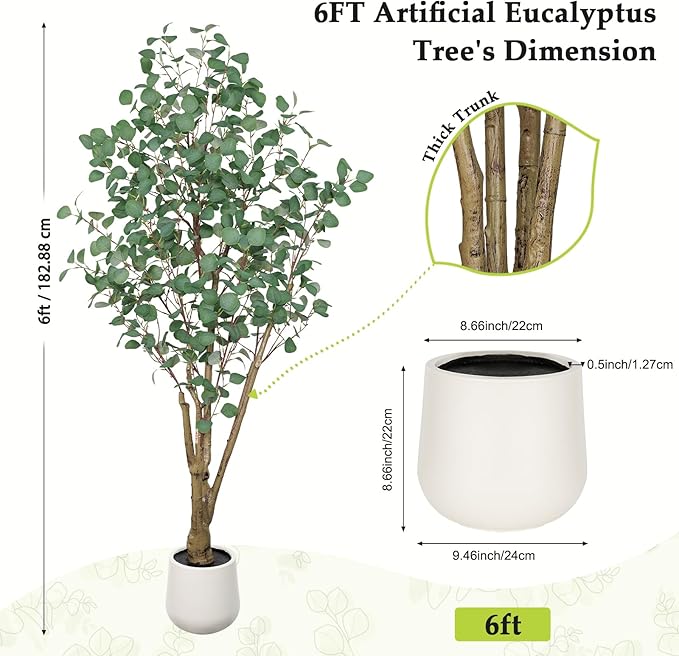 Artificial Eucalyptus Trees with White Planter, 6 FT Faux Eucalyptus Plants Indoor Tall Fake Floor Trees with Silk Leaves and Thick Trunk for Living Room Bedroom Corner Home Office Decoration