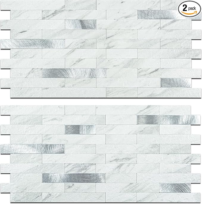 2 Sheets Peel and Stick Backsplash for Kitchen, White Marble with Metal Silver Look Stick on Tile Upgrade Your Kitchen Backsplash, RV, Fireplace