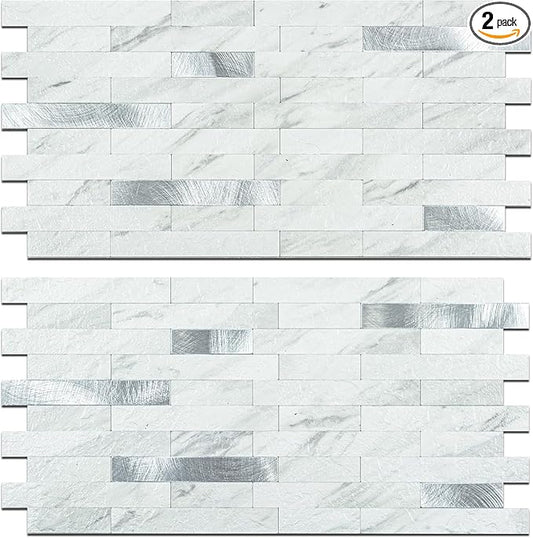 2 Sheets Peel and Stick Backsplash for Kitchen, White Marble with Metal Silver Look Stick on Tile Upgrade Your Kitchen Backsplash, RV, Fireplace