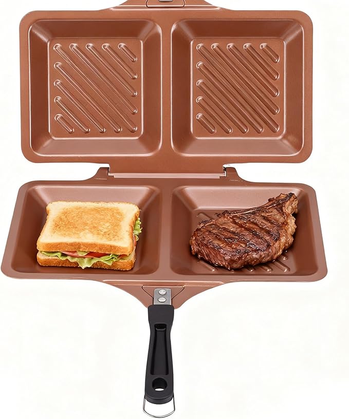 Focket Grilled Sandwich Maker, Non Stick Coating Double Sided Stovetop Panini Press Grill, Iron 26.74oz Square Toasted Panini Maker Pan for Home Kitchen Waffle Barbecue Steak, Easy (Gold)