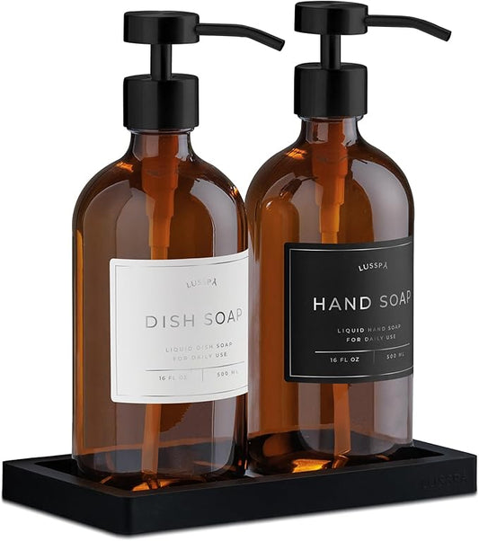 Lotion, Hand & Dish Soap Dispenser for Kitchen & Bathroom | Soap Dispenser Set of 2 16.8 Oz Glass Bottles with Stainless Steel Pump, 15 Water Proof Labels & Silicon Tray (Amber/Black)