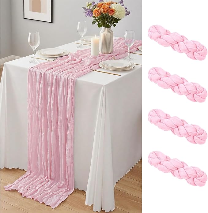 4 Pack Light Pink Cheesecloth Table Runner 10Ft, Boho Table Runners 21.5 x 120 inch,Semi Sheer Cheese Cloth Fabric Runner Bulk for Wedding,Party,Baby Shower,Bridal Shower