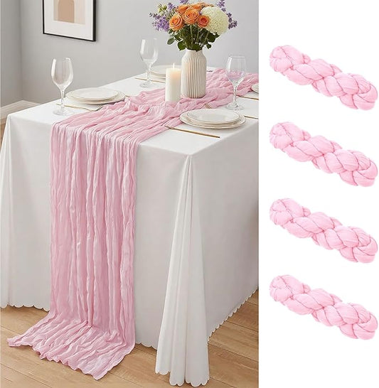 4 Pack Light Pink Cheesecloth Table Runner 10Ft, Boho Table Runners 21.5 x 120 inch,Semi Sheer Cheese Cloth Fabric Runner Bulk for Wedding,Party,Baby Shower,Bridal Shower