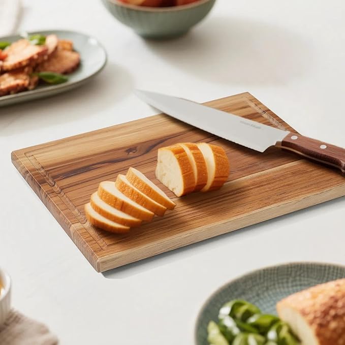 Cokka Praca Teak Cutting Board Set with Stand | 3 Pcs Durable Wooden Cutting Boards for Kitchen | Splinter-Free & No Cracking Design | Non-Slip Wood Cutting Boards with Deep Juice Groove