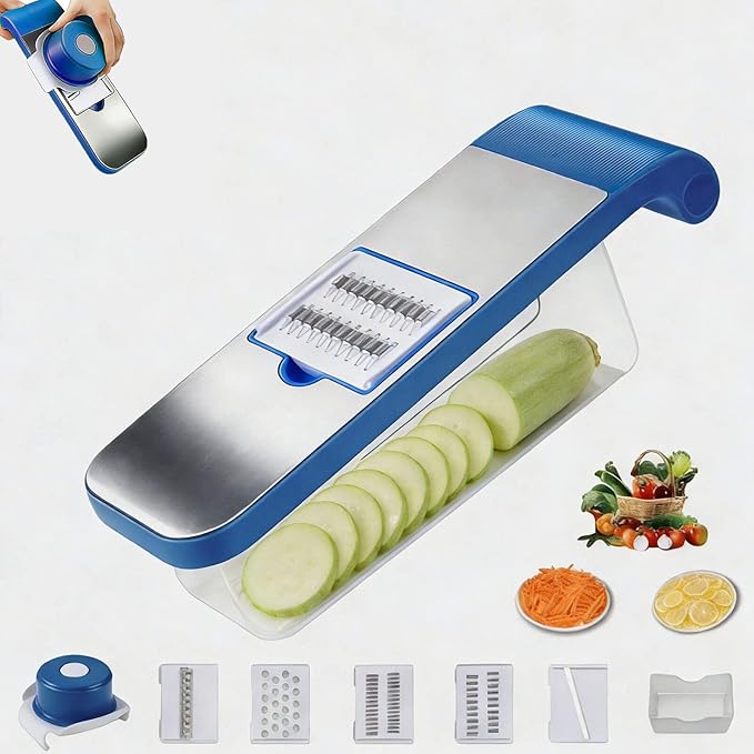 5-in-1 Mandoline Manual Food Chopper - Multifunctional Vegetable Cutter with Container, Stainless Steel Blades for Potato Slicer, Fruit Cutter, Hand Cheese Grater | Essential Kitchen Gadgets