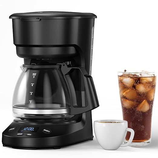 Electactic Compact 5-Cup Programmable Drip Coffee Maker — the essential coffee machine with Digital Clock, 24-hour Timer, Auto Shut-Off, and a Removable Filter Basket for Home & Office.