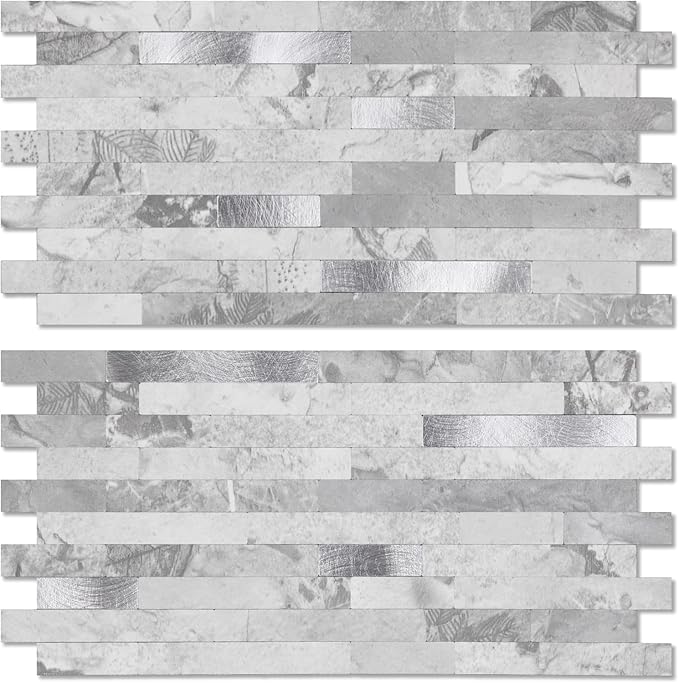 Yipscazo 20 Sheets Peel and Stick Stone Metal Backsplash, PVC Wall Tiles Stick on Tiles for Backsplash Kitchen, Bathroom, Fireplace (6'' X 12'', Gray Stone)