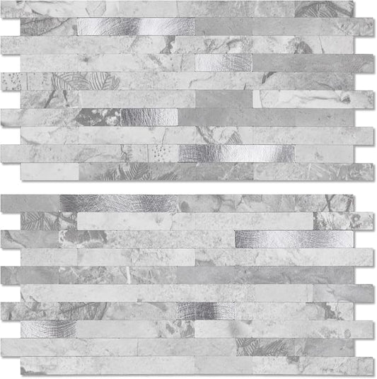 Yipscazo 20 Sheets Peel and Stick Stone Metal Backsplash, PVC Wall Tiles Stick on Tiles for Backsplash Kitchen, Bathroom, Fireplace (6'' X 12'', Gray Stone)