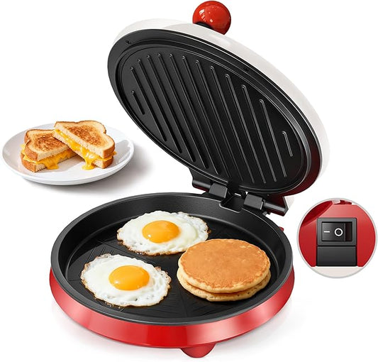3-in-1 Electric Griddle & Panini Press - CACHOO 8" Nonstick Round Griddle and Sandwich Press with On/Off Switch, 180° Open Design, Perfect for Pancakes, Omelettes, Quesadillas, Veggies (Red/Beige)
