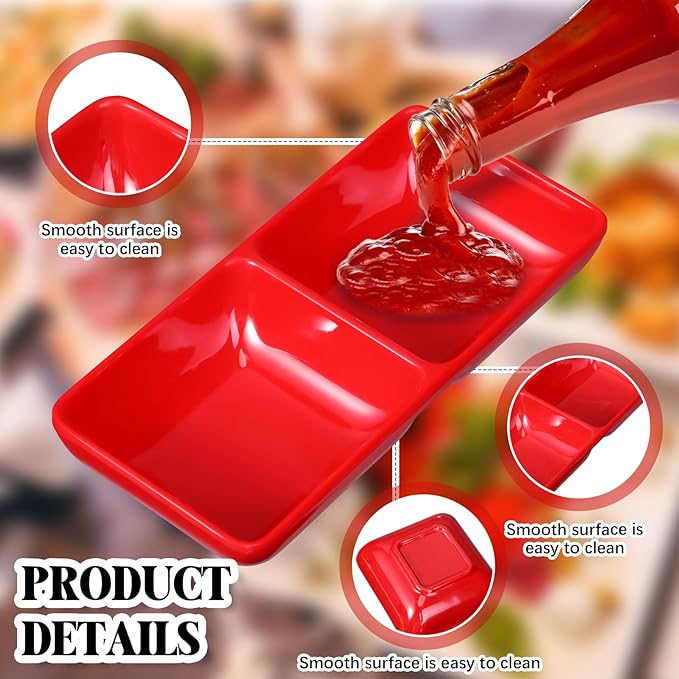 Gejoy 12 Pcs Dual Dipping Sauce Bowls Soy Sauce Dish Bowls Two Compartments Party Trays Divided Fondue Plates for Restaurant Kitchen Sushi Soy (Red)