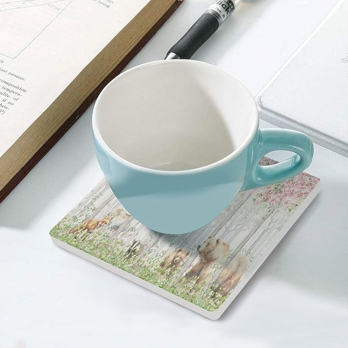Square-4PCS Forest Drink Coasters, Square Modern Ceramic Absorbent Coasters, Cartoon Nature Forest Flower Animal Bear, Deer, Fox, Rabbit Decor Desk Coffee Table Coaster for Beverage Cup Tea Coasters