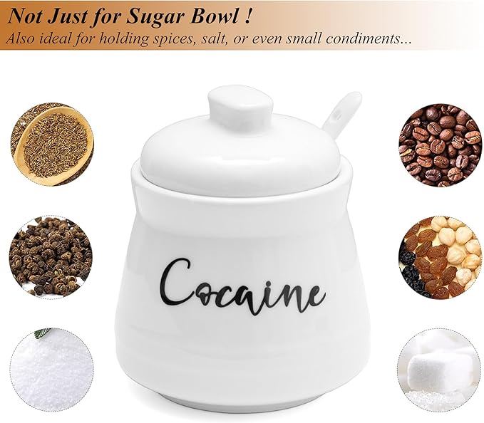 Ceramic Sugar Bowl with Lid and Spoon - Funny Sugar Container with Lid and Spoon for Coffee Bar Decor, 12 oz Sugar Jar Sugar Dispenser Gag Gift (White)