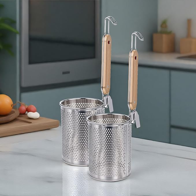 2 Pack Pasta Basket for Boiling Stainless Steel Food Strainer with Wood Handle Spaghetti Spoon Fine Mesh Colander for Pasta Noodle Dumpling (4.5"D x 14.6"H)