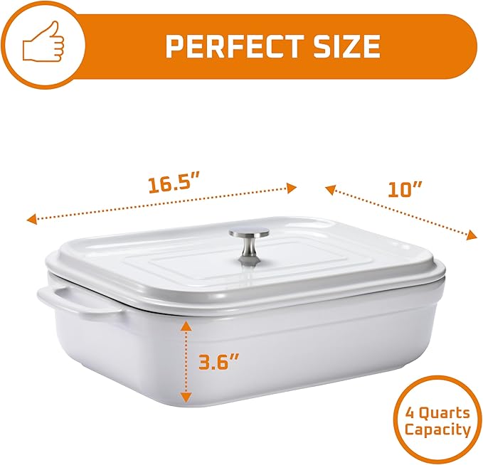 Stoneware Casserole With Lid - Rectangular Pan with Lid - Covered Stoneware Cookware Pans Stone Set - Freezer & Oven Safe Stone Bakeware for Baking, Lasagna, and Other Baked Dish, and Food Deep