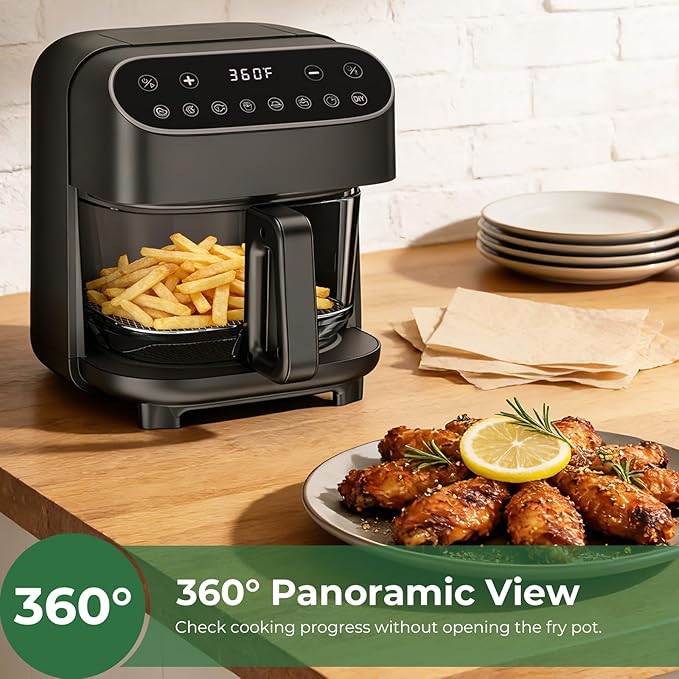 Havato 5 Quart Glass Air Fryer with Visible Window, Non-Toxic High Borosilicate Glass Basket (No Coating), Airfryer Oven with 8 Preset Modes, PTFE/PFSA Free, Dishwasher Safe, Black