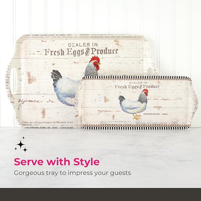 Pimpernel On The Farm Melamine Tray – (17.75" x 13") Rustic Farmhouse Platter with Fresh Produce & Egg Stand Artwork, Durable Serving Piece for Dining, Kitchen, Snacks & Entertaining